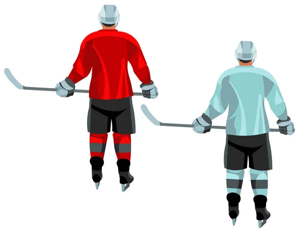 Sırtı mavi ve kırmızı spor üniformalı bir hokey oyuncusunun iki vektör izole figürü.