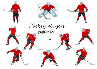 10 vektör izole edilmiş hokey oyuncuları çeşitli pozlar kırmızı spor üniformaları içinde