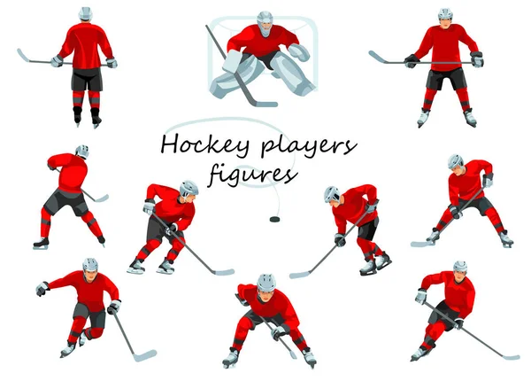 10 vektör izole edilmiş hokey oyuncuları çeşitli pozlar kırmızı spor üniformaları içinde