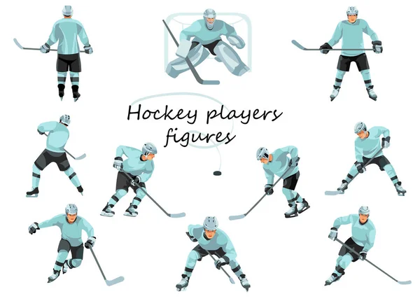 Diez Figuras Aisladas Vectoriales Jugadores Hockey Varias Poses Movimiento Pie — Vector de stock