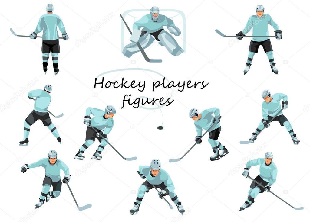 Ten vector isolated figures of hockey team players in various poses in motion and standing