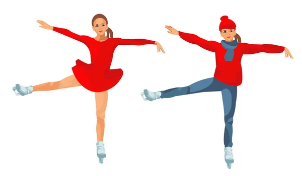 Zwei Vektorisolierte Figuren Eines Mädchens Auf Eiskunstläufen Meisterschaftskleid Und Winterkleidung — Stockvektor