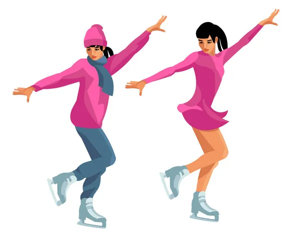 Zwei Vektorisolierte Silhouetten Einer Asiatischen Eiskunstläuferin Winterjacke Und Kleid — Stockvektor