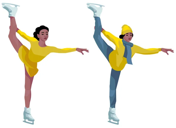 İki vektör, koyu tenli bir artistik patinajcının silueti bacağı bir elbise ve kışlık ceket ve şapkayla yüksekte.