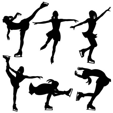 Bir kadın artistik patinajcının 6 vektör izole edilmiş silueti paten pistinde elbiseyle dans ediyor.