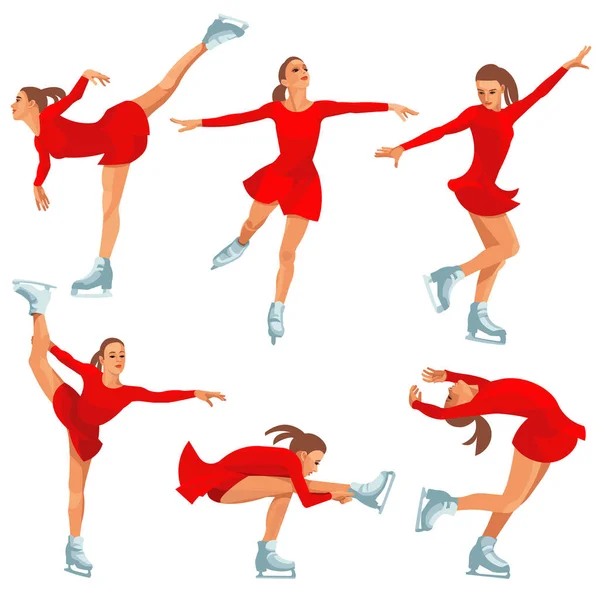 Six Isolated Figures Girl Skates Who Turns Turns Raises Her — 图库矢量图片