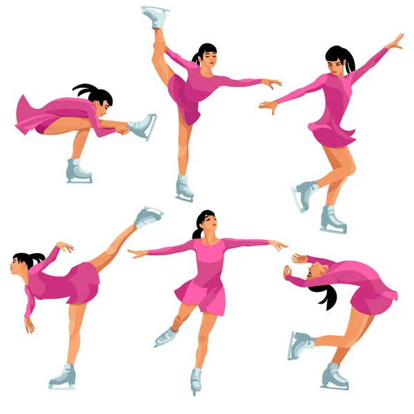 Farklı pozlarda Asyalı bir artistik patinajcının izole edilmiş altı figürü izole bir arka planda duruyor.