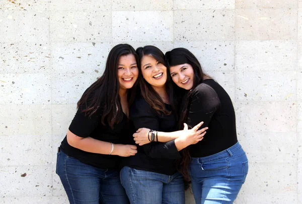 Mutlu siyah düz saçlı, siyah giyinmiş yetişkin kız kardeşler aile fotoğrafı çekimi için uyum ve neşe içinde.