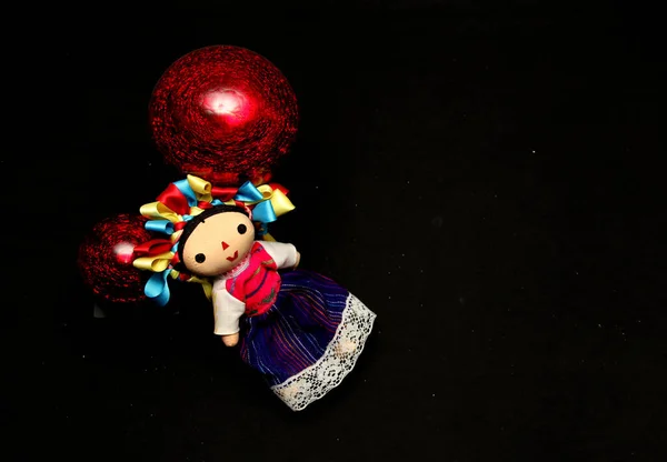 Mexikanska Handgjorda Docka Del Juldekoration Med Julstjärna Blommor Som Ram — Stockfoto
