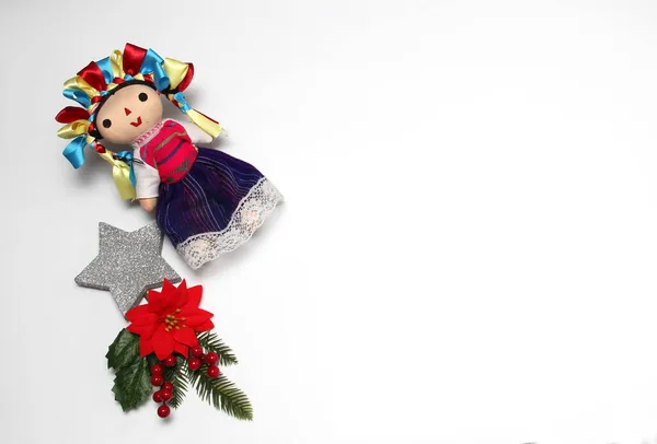 Boneca Artesanal Mexicana Parte Decoração Natal Com Flores Poinsettia Como — Fotografia de Stock