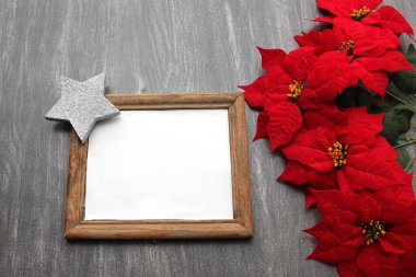 Noel mesajları için süslü çerçeveli ışıldayan yıldızlar. Nokta çiçekleri ve fırıldaklarla.