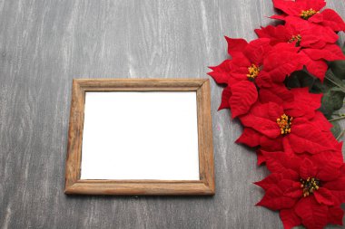 Fotoğraf çerçevesi Noel mesajı için Noel duası olarak çiçek, değnek ve çarkıfelek ile çevrili.