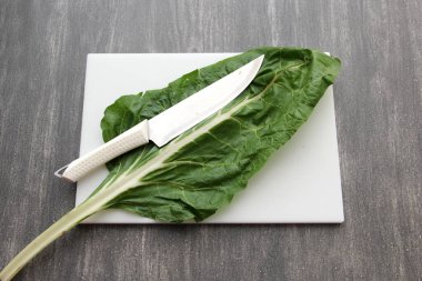 Maydanoz, kereviz, nopales, salatalık, pazı ve ıspanak gibi yeşil sebzeler ve mutfak mutfağında sağlıklı yiyecekler hazırlamak için bıçakla kesme tahtası.