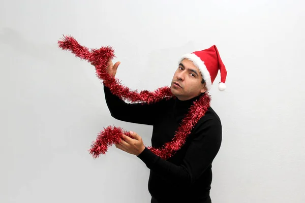 Dark Latino Adult Man Christmas Hat Garland Excited Happy Arrival — Stockfoto