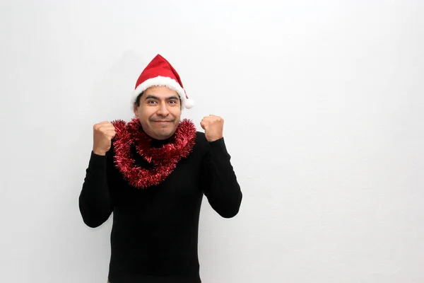 Dark Latino Adult Man Christmas Hat Garland Excited Happy Arrival — Foto Stock