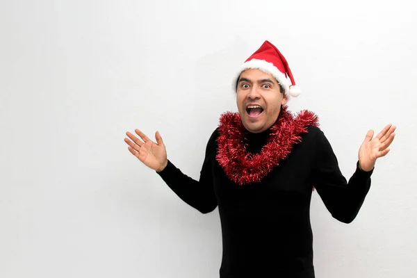 Dark Latino Adult Man Christmas Hat Garland Excited Happy Arrival — Foto Stock