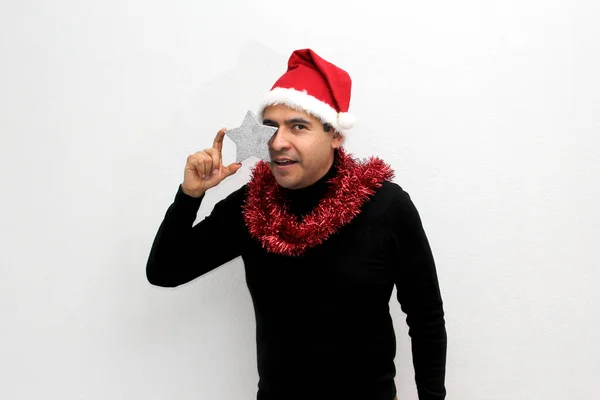 Latino Adult Man Christmas Hat Shows Christmas Decorations Decorations Because — Stockfoto