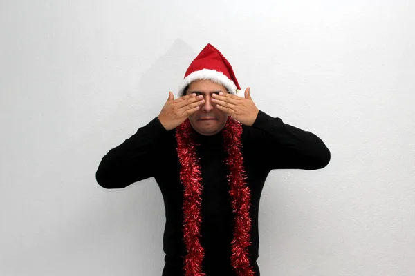 Dark Haired Latin Adult Man Hat Christmas Garland Shows His — Foto Stock