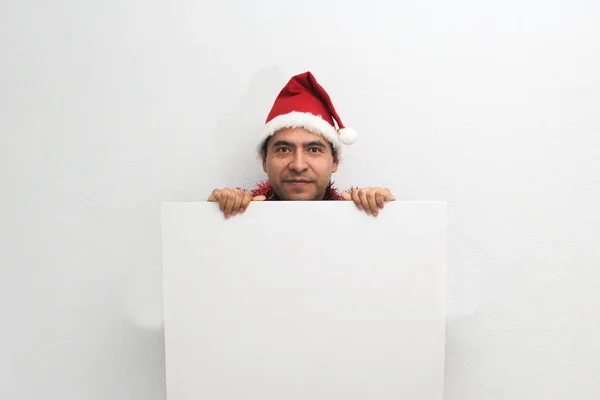 Latino Adult Man Hat Christmas Garland Shows Banner Blank Notebook — Stockfoto