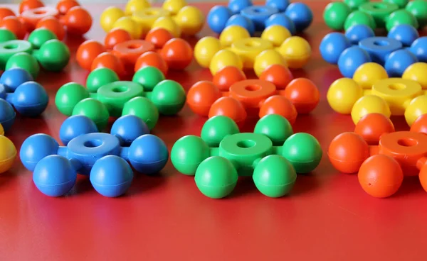 Pieces Plastic Rainbow Multicolored Buildable Toy Blocks Formed Arranged Red — Fotografia de Stock