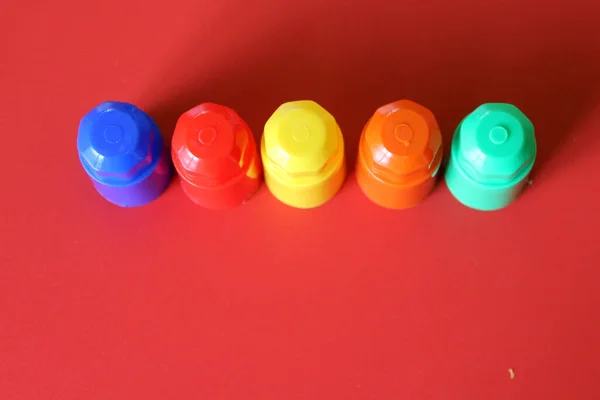 Buildable Colored Plastic Blocks Play Build Organize Red Background Concept — Fotografia de Stock