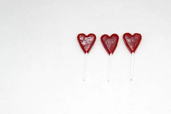 Pirulito Doces Forma Coração Vermelho Como Presente Dia Amor Amizade — Fotografia de Stock