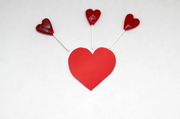 Red Heart Shaped Candy Lollipop Valentine Day Love Friendship Gift — Stock Photo, Image