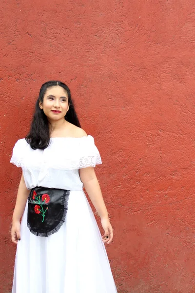 아메리카 출신의 여성은 베라크루스 멕시코 출신의 지역흰 드레스를 앞에서 춤추는 — 스톡 사진