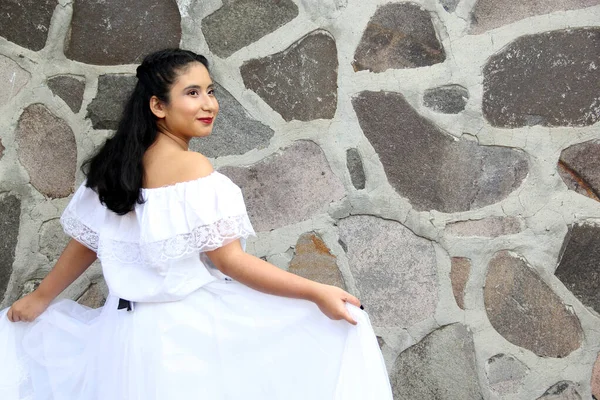 Young Woman Veracruz Proudly Happily Wears Traditional Regional Mexican White — Stock Photo, Image