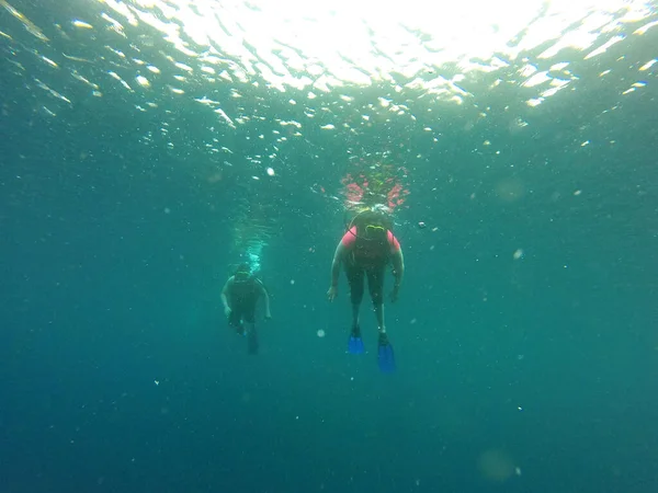 Paar Mannen Vrouwen Duiken Onder Water Met Zuurstoftank Apparatuur Vest — Stockfoto