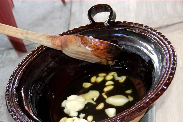 Primeiro Passo Preparação Prato Toupeira Tradicional Mexicano Pote Barro Ingredientes — Fotografia de Stock