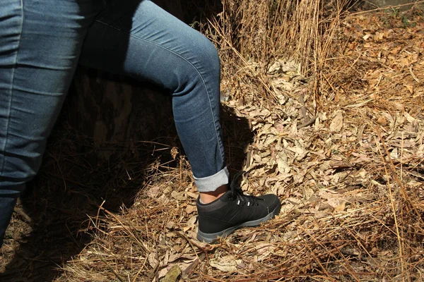 Legs Woman Denim Pants Black Hiking Boots Walking Alone Forest — Stock Photo, Image