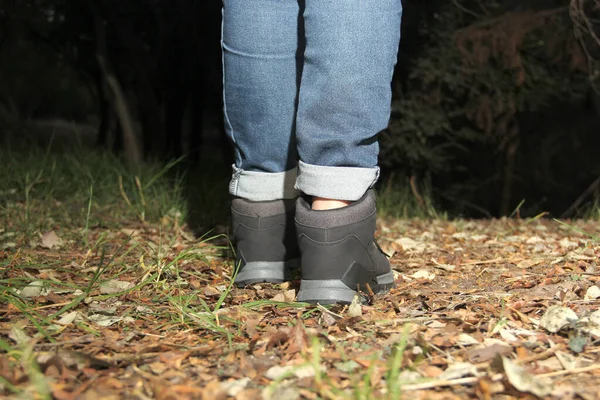 Legs Woman Denim Pants Black Hiking Boots Walking Alone Forest — Stock Photo, Image