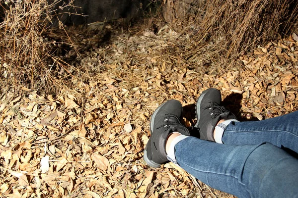 Legs Woman Denim Pants Black Hiking Boots Walking Alone Forest — стоковое фото