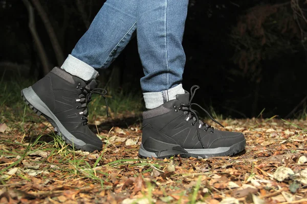 Legs Woman Denim Pants Black Hiking Boots Walking Alone Forest — 스톡 사진