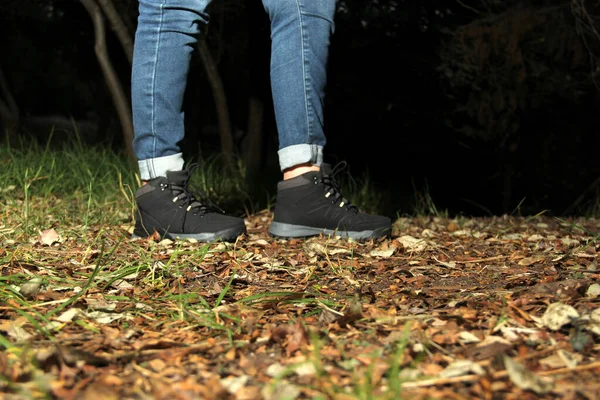 Legs Woman Denim Pants Black Hiking Boots Walking Alone Forest — Stock Photo, Image