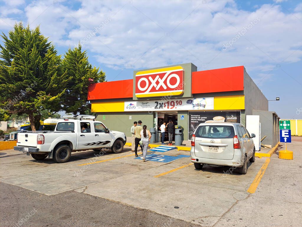 Tulancingo, Mexico - April 30 2022: Mexicans spend more in Oxxo convenience stores, which favors sales of beer, sodas, ice cream, liquor and snacks