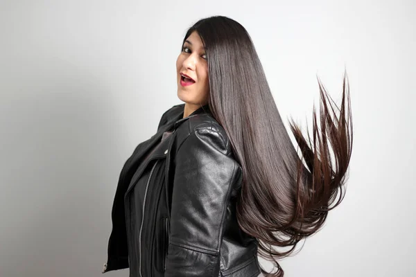 Latin Adult Real Woman Long Straight Black Hair Flies Air — Stock Photo, Image