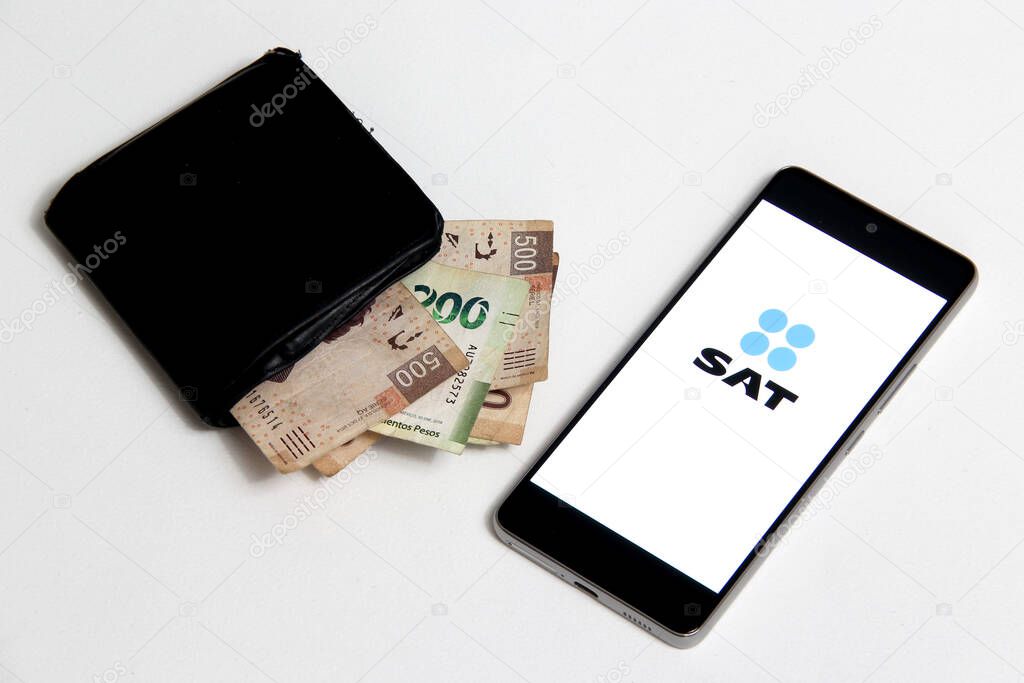 Mexico City, Mexico - April 5, 2022: The app of the Tax Administration Service (SAT) reported that it collected large Mexican taxpayers in the first three months of the year