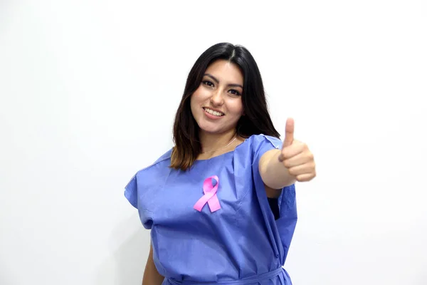 Latin Woman Disposable Blue Surgical Gown Pink Ribbon Campaign Breast — Foto de Stock