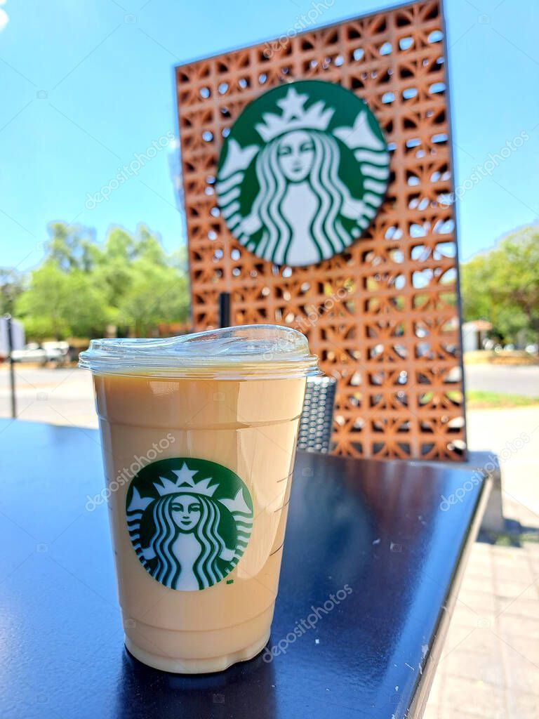 Mexico state, Mexico - May 15 2022: The Starbucks coffee chain that was born in Seattle and belongs to Alsea banned the use of the word frappuccino on the menu with coffee, cocoa, tea, espresso