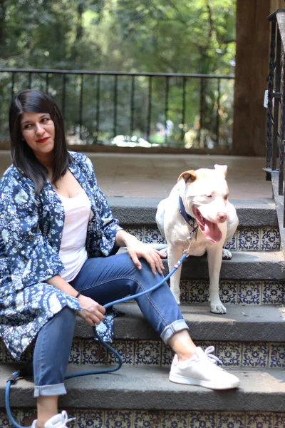 Latin adult woman relaxes sitting in a park kiosk accompanied by her white pitbull dog does not grab the leash and picks up waste