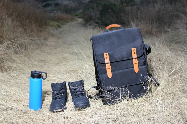 Backpack Thermos Boots Hiking Mountains Sunrise Equipment Extreme Outdoor Sport — Stock Photo, Image