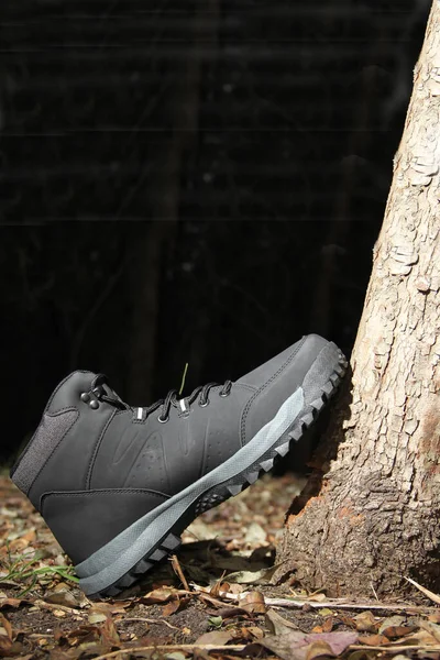 Black Boots Dark Forest Trees Ready Hiking Mountains Explore Night — ストック写真