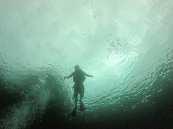 Silhouet Van Mens Die Onderwater Duikt Met Snorkeluitrusting Tankbril Flippers — Stockfoto