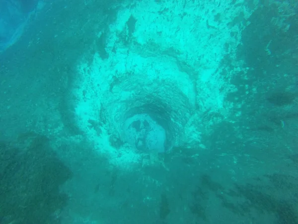 Tree trunks at the bottom of a water hole, colors of the depths of the water with different shades of blue