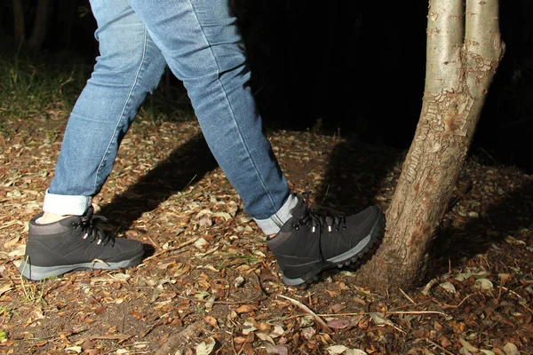 Legs Person Black Hiking Boots Doing Dangerous Adventurous Risky Night — Stock Photo, Image