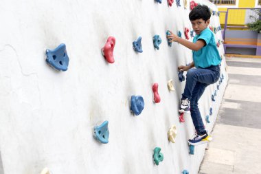Latin dark-haired male child with blue t-shirt practicing sports wall climbing without fear of heights and exercising