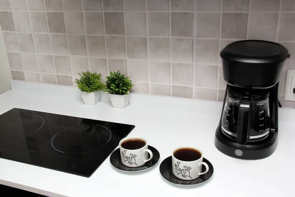 Freshly Prepared Coffee Filter Coffee Machine Served White Cups Rich — Zdjęcie stockowe