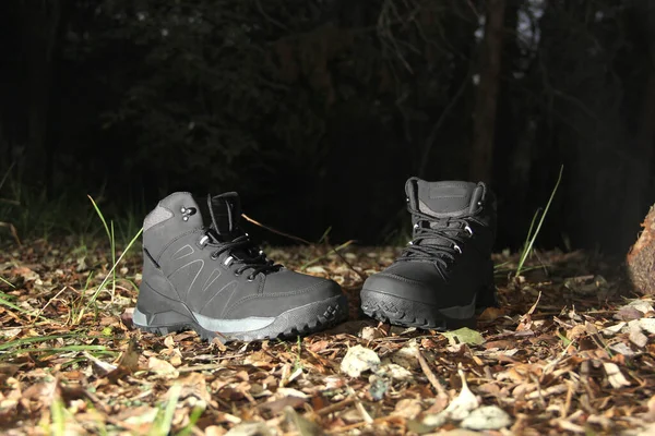 Black Boots Dark Forest Trees Ready Hiking Mountains Explore Night — Stok Foto